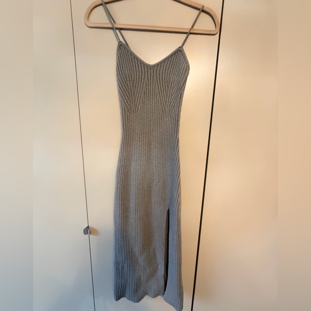 Cider Light Grey Ribbed Maxi Slip Dress with Side Slit